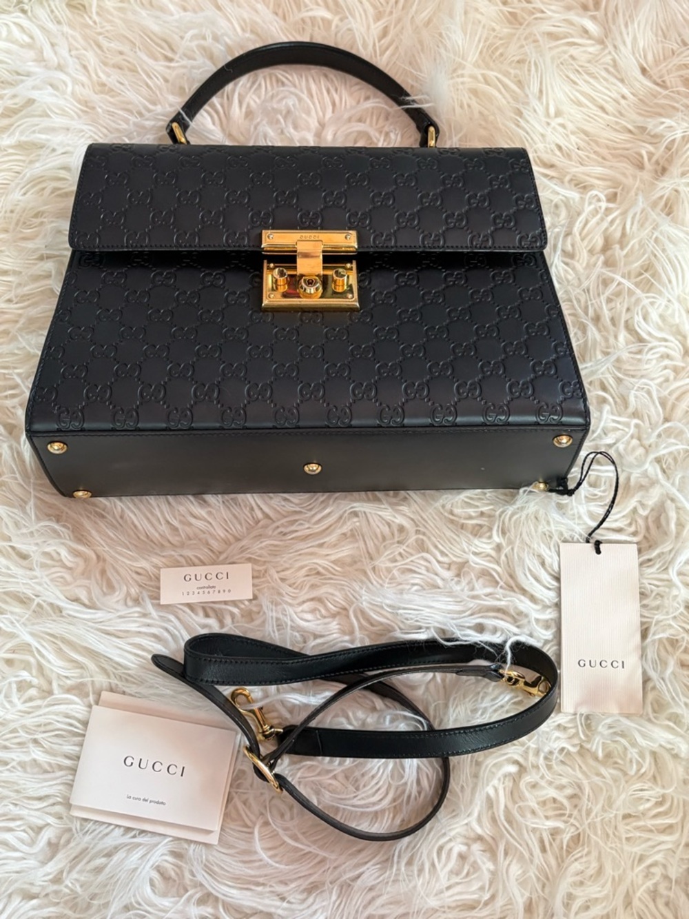 Gucci Padlock Signature Medium Top Handle Bag Black Guccissima Leather w/ Strap